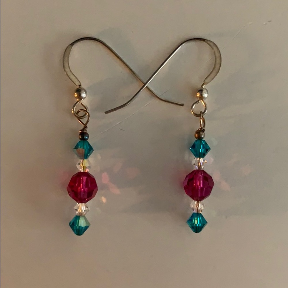 Beaded Dangly Pink & Blue Crystal Earrings